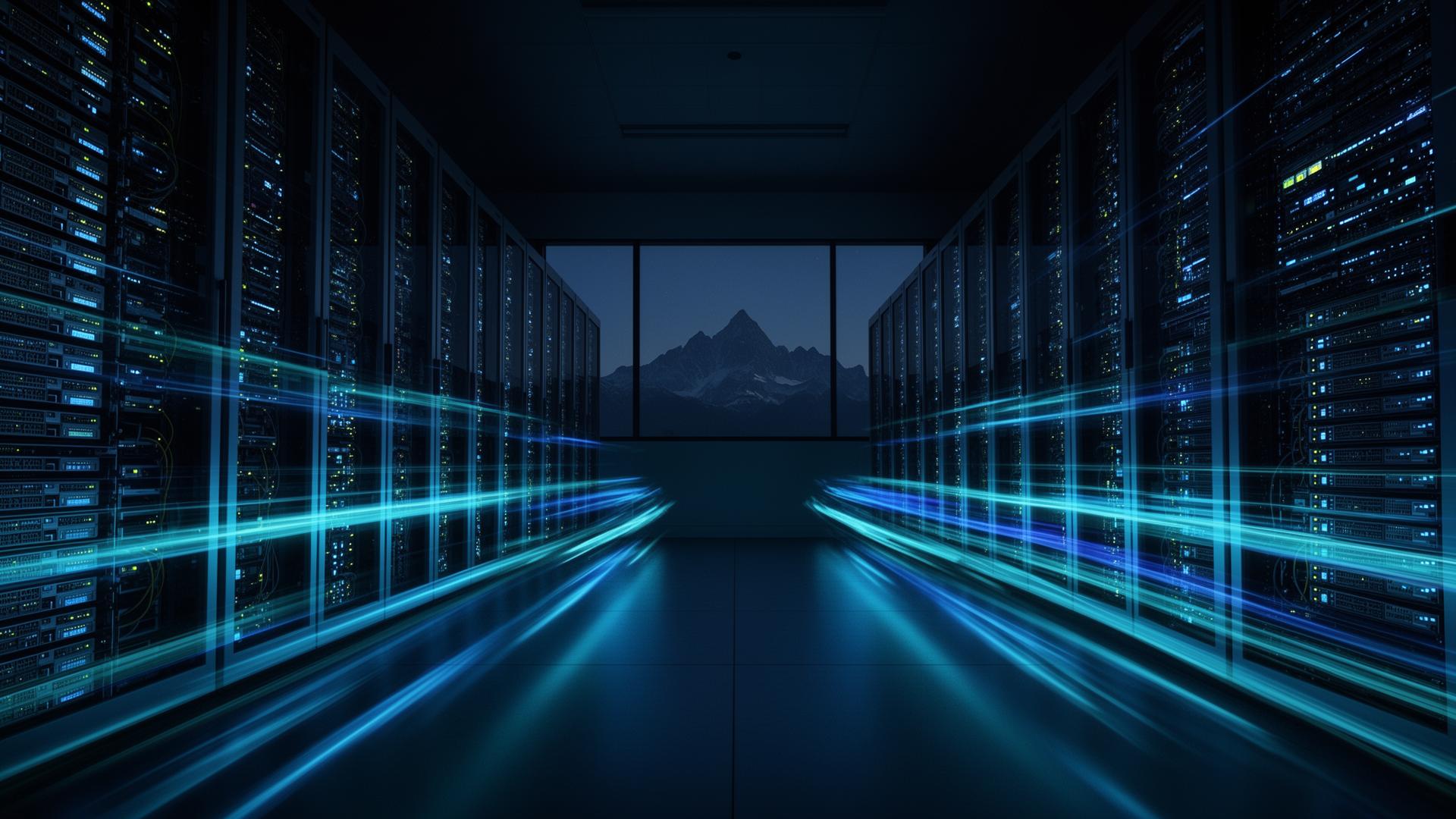 Sicheres Schweizer Datacenter mit blauen Datenflüssen